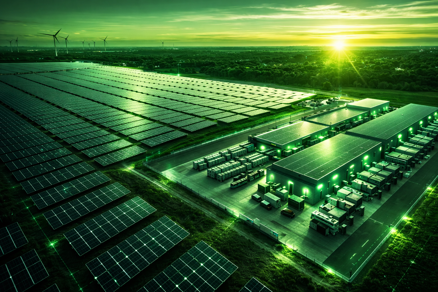 Aerial view of a large-scale solar farm and modular data center campus at sunset, tinted in 100MW green, with solar arrays, energy storage units, and wind turbines in the distance.