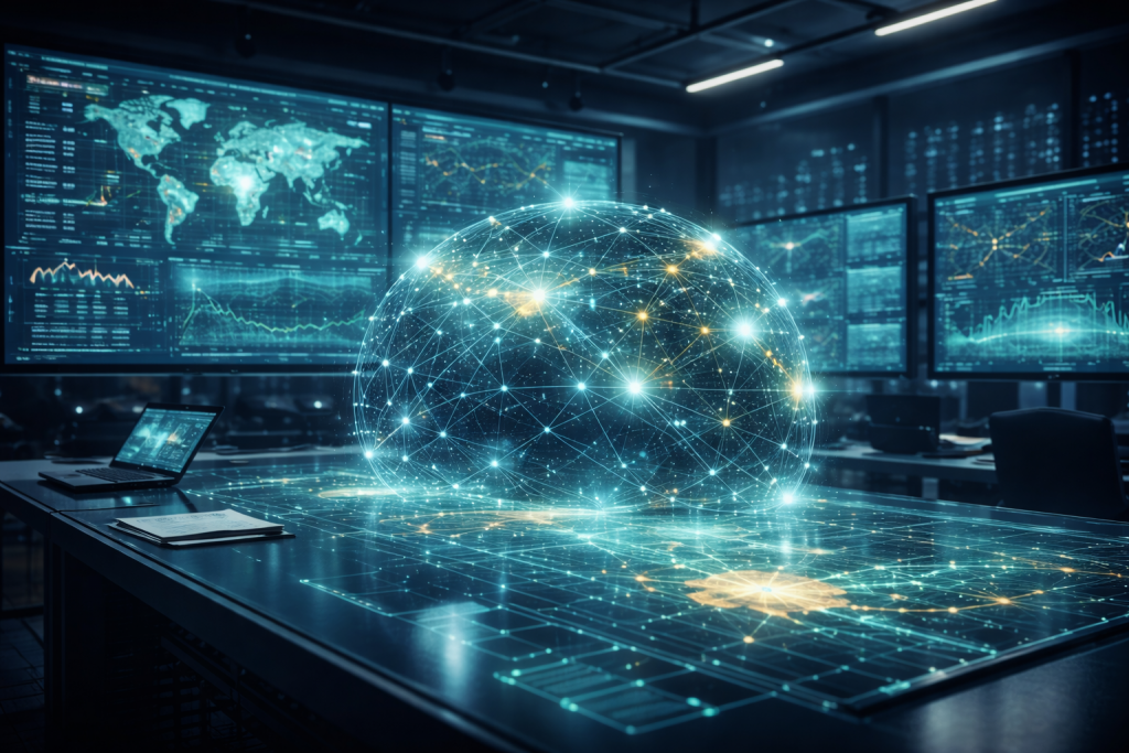 Institutional-grade digital infrastructure network visualization showing global connectivity and system monitoring dashboards.