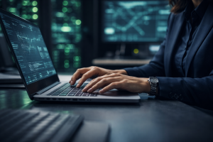 Hands typing on laptop inside a digital infrastructure operations environment representing execution discipline and institutional infrastructure development.